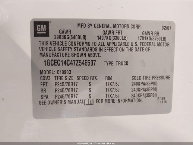 2007 Chevrolet Silverado 1500 Work Truck მანქანა იყიდება აუქციონზე, vin: 1GCEC14C47Z546507, აუქციონის ნომერი: 45568339