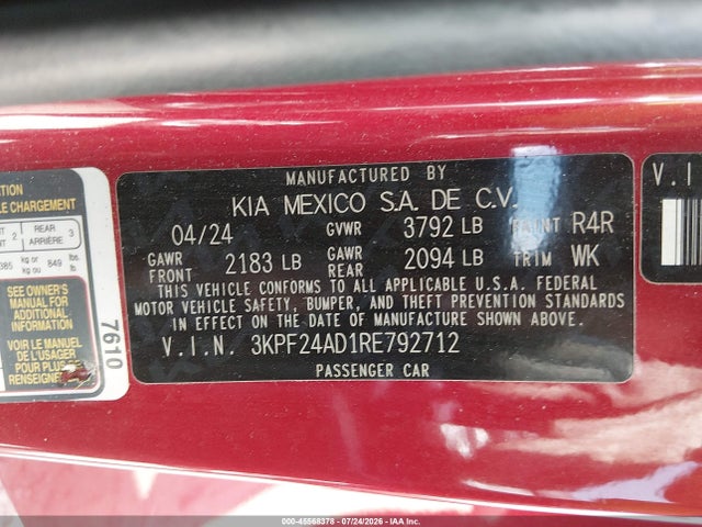 2024 Kia Forte Lxs მანქანა იყიდება აუქციონზე, vin: 3KPF24AD1RE792712, აუქციონის ნომერი: 45568378