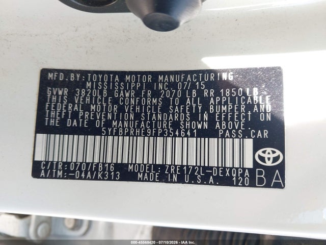 Toyota Corolla Le Eco 2015 5YFBPRHE9FP354641 Image 9