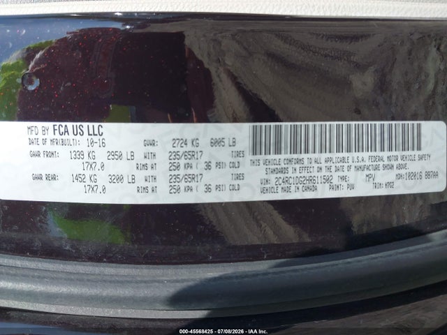 45568425 :رقم المزاد ، 2C4RC1DG2HR611502 vin ، 2017 Chrysler Pacifica Touring مزاد بيع