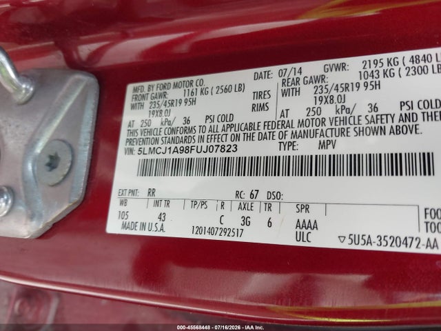45568448 :رقم المزاد ، 5LMCJ1A98FUJ07823 vin ، 2015 Lincoln Mkc مزاد بيع