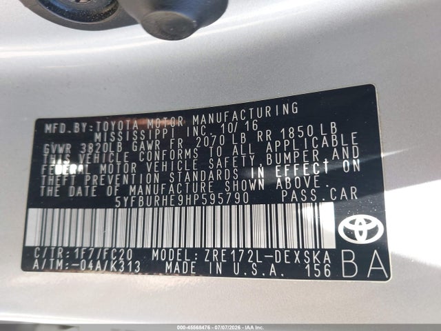 Продажа на аукционе авто 2017 Toyota Corolla Se Special Edition, vin: 5YFBURHE9HP595790, номер лота: 45568476