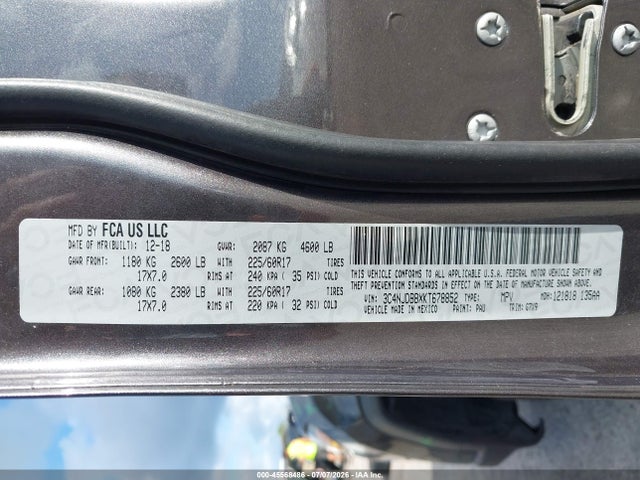 Aukcja sprzedaży 2019 Jeep Compass Latitude 4x4, vin: 3C4NJDBBXKT678852, numer aukcji: 45568486