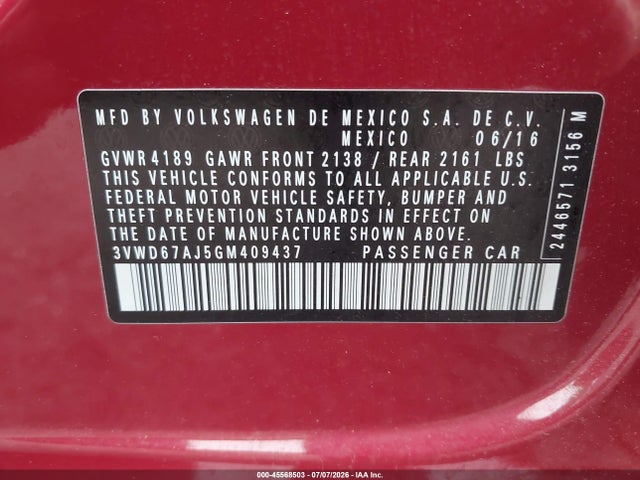 Aukcja sprzedaży 2016 Volkswagen Jetta 1.4t Se, vin: 3VWD67AJ5GM409437, numer aukcji: 45568503