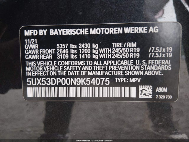 45568509 :رقم المزاد ، 5UX53DP00N9K54075 vin ، 2022 Bmw X3 Xdrive30i مزاد بيع