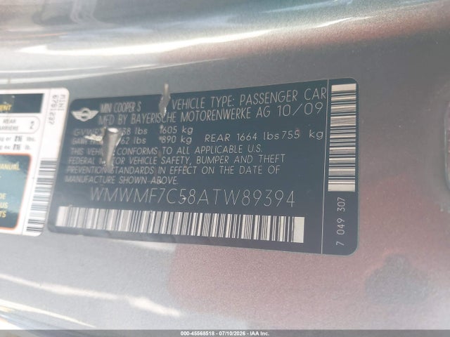 Продаж на аукціоні авто 2010 Mini Cooper S, vin: WMWMF7C58ATW89394, номер лоту: 45568518
