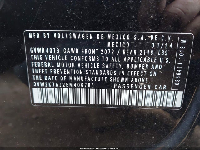 2014 Volkswagen Jetta 2.0l S მანქანა იყიდება აუქციონზე, vin: 3VW2K7AJ2EM406785, აუქციონის ნომერი: 45568523