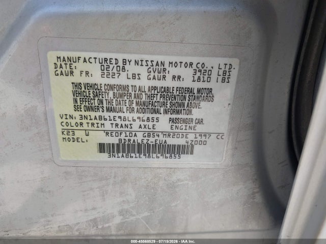 Aukcja sprzedaży 2008 Nissan Sentra 2.0 S, vin: 3N1AB61E98L696855, numer aukcji: 45568529