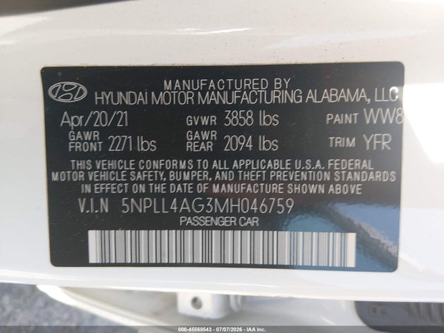 5NPLL4AG3MH046759 Hyundai ELANTRA SE