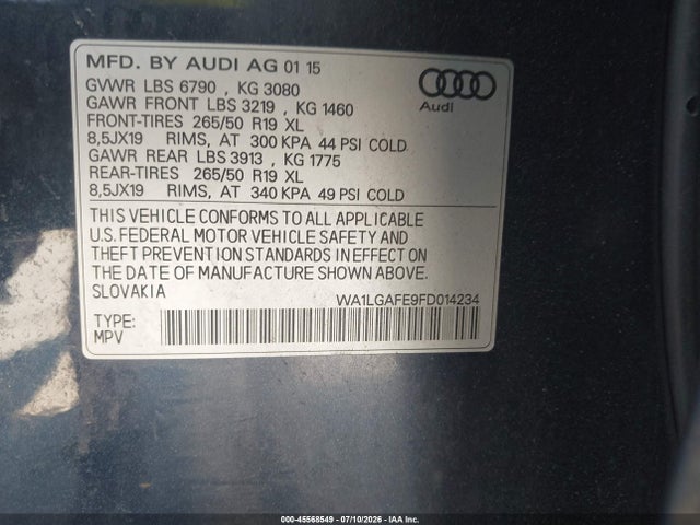 Aukcja sprzedaży 2015 Audi Q7 3.0t Premium, vin: WA1LGAFE9FD014234, numer aukcji: 45568549