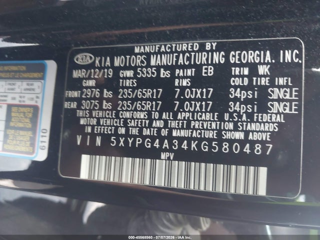 2019 Kia Sorento 2.4l L მანქანა იყიდება აუქციონზე, vin: 5XYPG4A34KG580487, აუქციონის ნომერი: 45568560