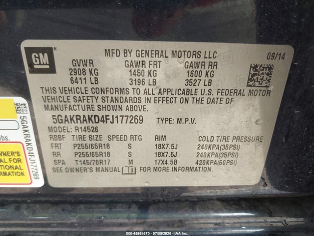 Продажа на аукционе авто 2015 Buick Enclave Convenience, vin: 5GAKRAKD4FJ177269, номер лота: 45568570