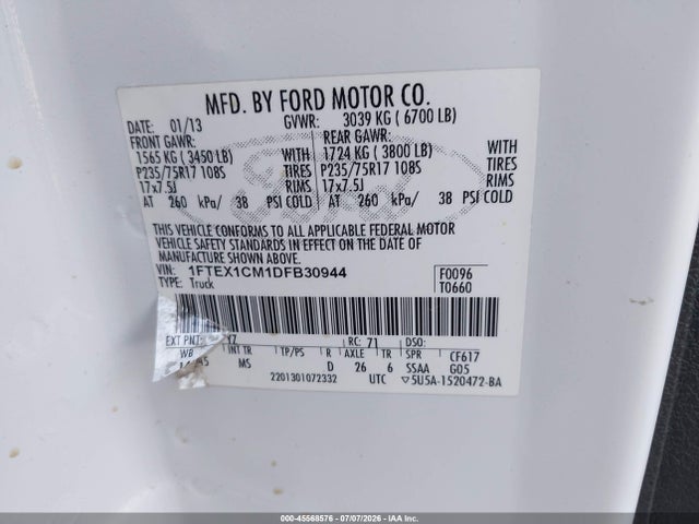 45568576 :رقم المزاد ، 1FTEX1CM1DFB30944 vin ، 2013 Ford F-150 Stx/xl/xlt مزاد بيع
