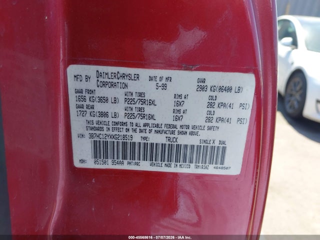 45568616 :رقم المزاد ، 3B7HC12YXXG218519 vin ، 1999 Dodge Ram 1500 St مزاد بيع