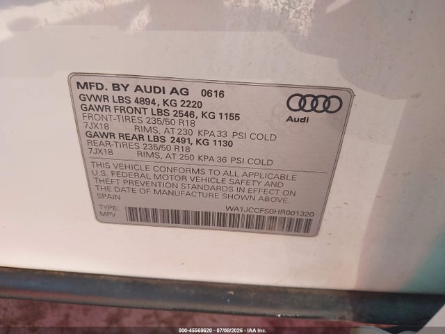 45568620 :رقم المزاد ، WA1JCCFS0HR001320 vin ، 2017 Audi Q3 2.0t Premium مزاد بيع