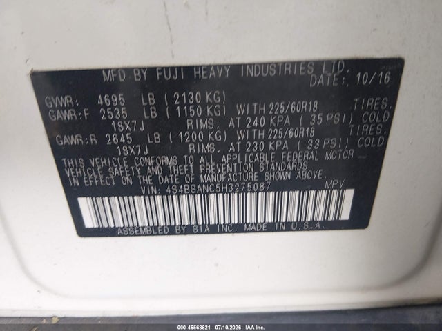 Aukcja sprzedaży 2017 Subaru Outback 2.5i Limited, vin: 4S4BSANC5H3275087, numer aukcji: 45568621