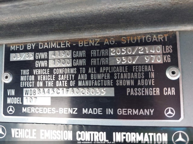Продажа на аукционе авто 1985 Mercedes-benz 380 Sl, vin: WDBBA45C1FA028035, номер лота: 45568643