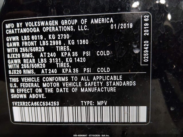 Продажа на аукционе авто 2019 Volkswagen Atlas 3.6l V6 Se W/technology R-line, vin: 1V2XR2CA6KC534253, номер лота: 45568647