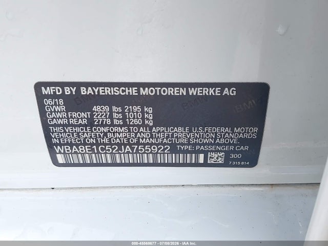 Продажа на аукционе авто 2018 Bmw 330e Iperformance, vin: WBA8E1C52JA755922, номер лота: 45568677