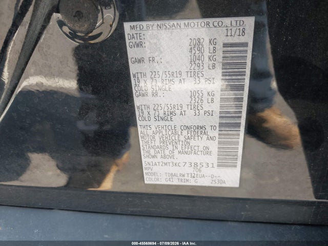 Продажа на аукционе авто 2019 Nissan Rogue Sl, vin: 5N1AT2MT3KC738531, номер лота: 45568694