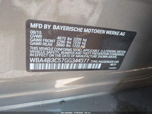 45568695 :رقم المزاد ، WBA4B3C57GG344377 vin ، 2016 Bmw 435i Gran Coupe Xdrive مزاد بيع