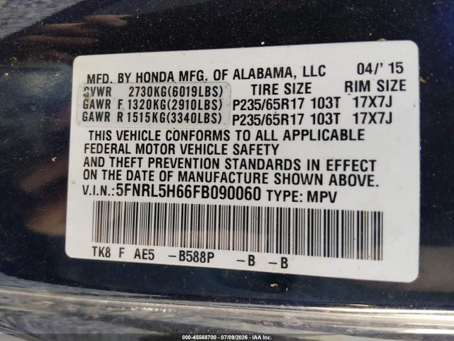 Honda Odyssey Ex-l 2015 5FNRL5H66FB090060 Image 9