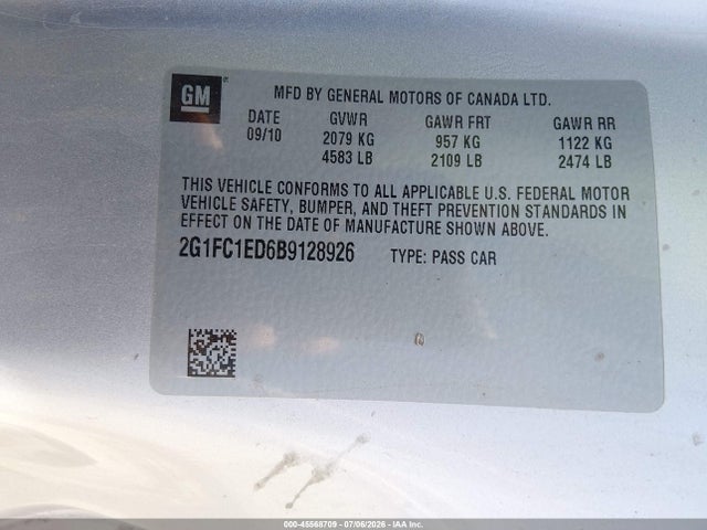 45568709 :رقم المزاد ، 2G1FC1ED6B9128926 vin ، 2011 Chevrolet Camaro 2lt مزاد بيع