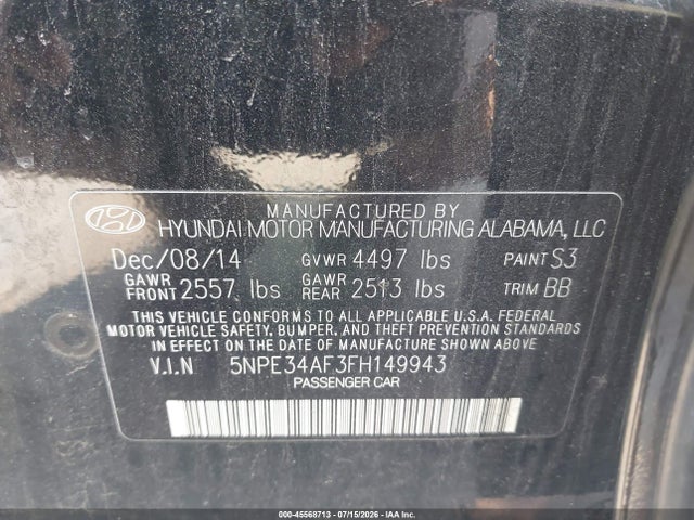 Aukcja sprzedaży 2015 Hyundai Sonata Limited, vin: 5NPE34AF3FH149943, numer aukcji: 45568713