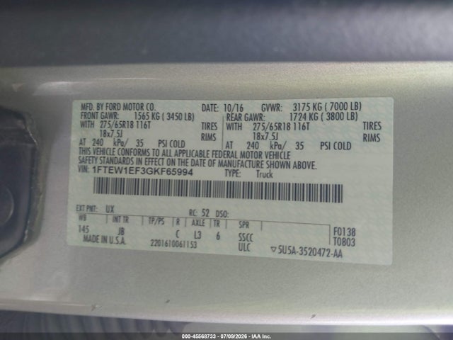 1FTEW1EF3GKF65994 Ford F-150 King Ranch/lariat/platinum/xl/xlt