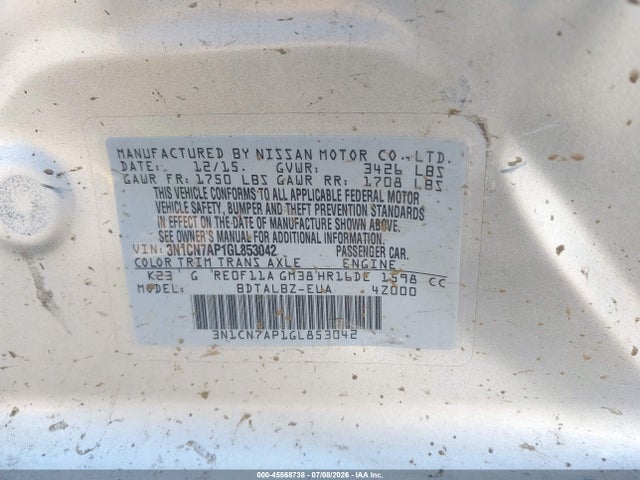 3N1CN7AP1GL853042 Nissan Versa 1.6 S/1.6 S+/1.6 Sl/1.6 Sv