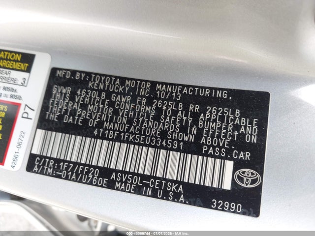 45568744 :رقم المزاد ، 4T1BF1FK5EU334591 vin ، 2014 Toyota Camry Se مزاد بيع