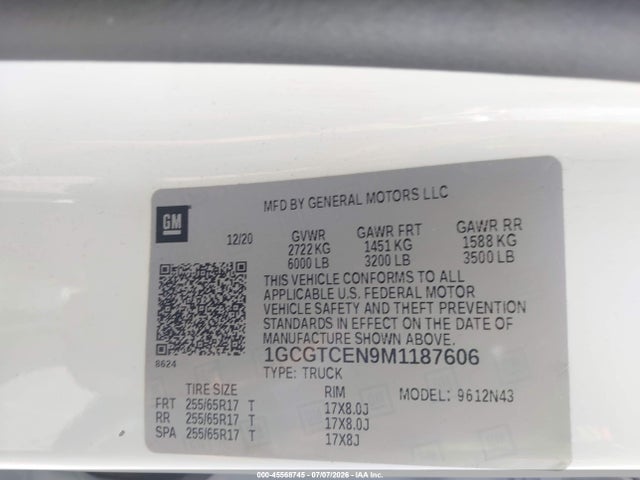 45568745 :رقم المزاد ، 1GCGTCEN9M1187606 vin ، 2021 Chevrolet Colorado 4wd  Short Box Lt مزاد بيع