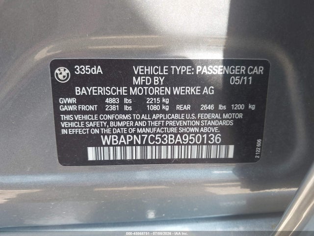 Продажа на аукционе авто 2011 Bmw 335d, vin: WBAPN7C53BA950136, номер лота: 45568751