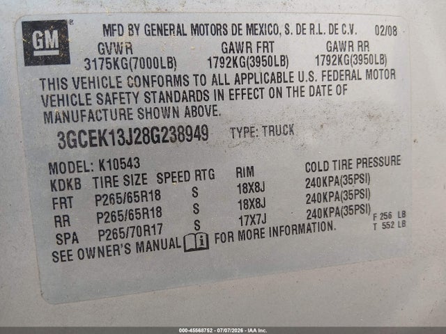 2008 Chevrolet Silverado 1500 Lt1 მანქანა იყიდება აუქციონზე, vin: 3GCEK13J28G238949, აუქციონის ნომერი: 45568752