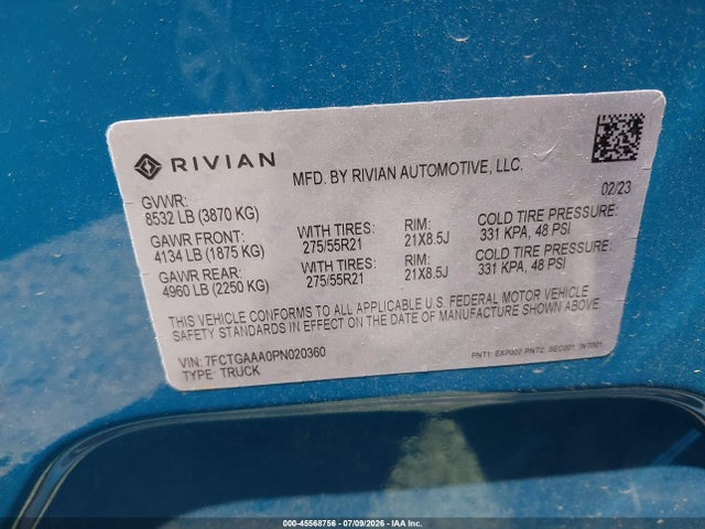 Продажа на аукционе авто 2023 Rivian R1t Adventure Quad Motor Large Pack, vin: 7FCTGAAA0PN020360, номер лота: 45568756