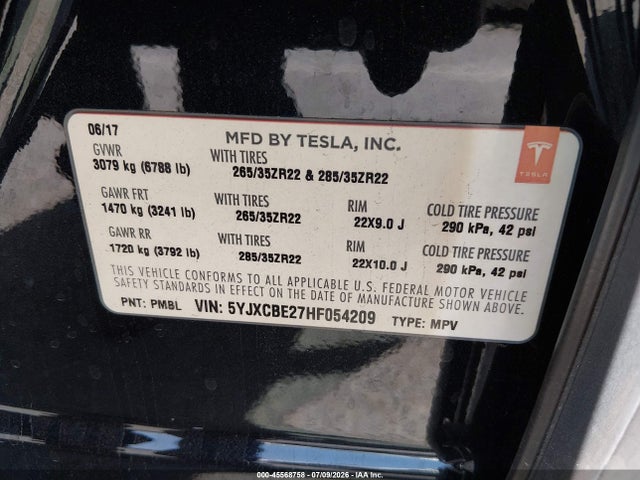 Aukcja sprzedaży 2017 Tesla Model X 100d/75d/90d, vin: 5YJXCBE27HF054209, numer aukcji: 45568758
