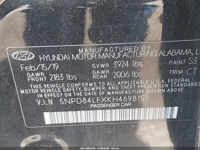 2019 Hyundai Elantra Sel მანქანა იყიდება აუქციონზე, vin: 5NPD84LFXKH469815, აუქციონის ნომერი: 45568768