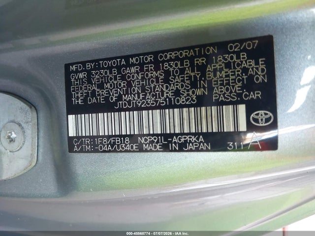 45568774 :رقم المزاد ، JTDJT923575110823 vin ، 2007 Toyota Yaris مزاد بيع