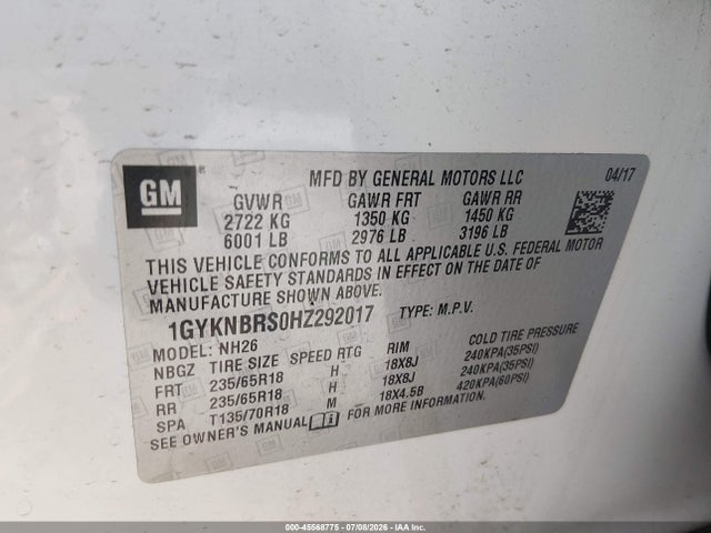 Aukcja sprzedaży 2017 Cadillac Xt5 Luxury, vin: 1GYKNBRS0HZ292017, numer aukcji: 45568775