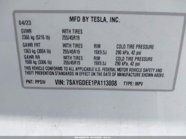 Auction sale of the 2023 Tesla Model Y Awd/long Range Dual Motor All-wheel Drive, vin: 7SAYGDEE1PA113008, lot number: 45568776