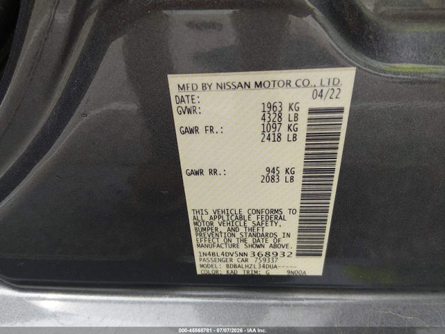 Продаж на аукціоні авто 2022 Nissan Altima Sv Fwd, vin: 1N4BL4DV5NN368932, номер лоту: 45568781