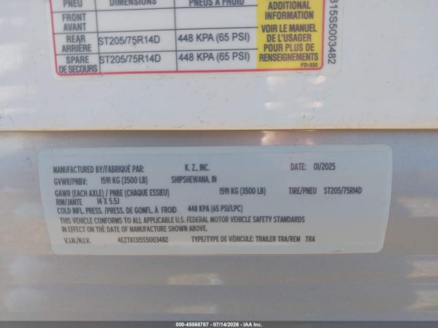 2025 K-z Inc Travel Trailer მანქანა იყიდება აუქციონზე, vin: 4EZTK1315S5003482, აუქციონის ნომერი: 45568787