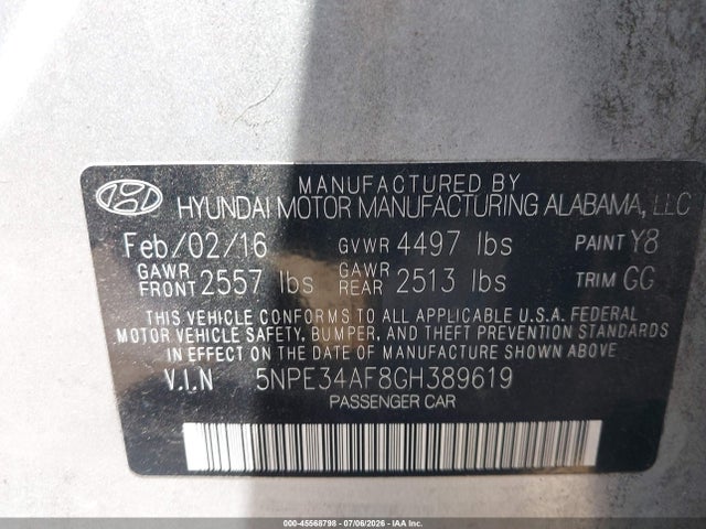 Aukcja sprzedaży 2016 Hyundai Sonata Limited, vin: 5NPE34AF8GH389619, numer aukcji: 45568798