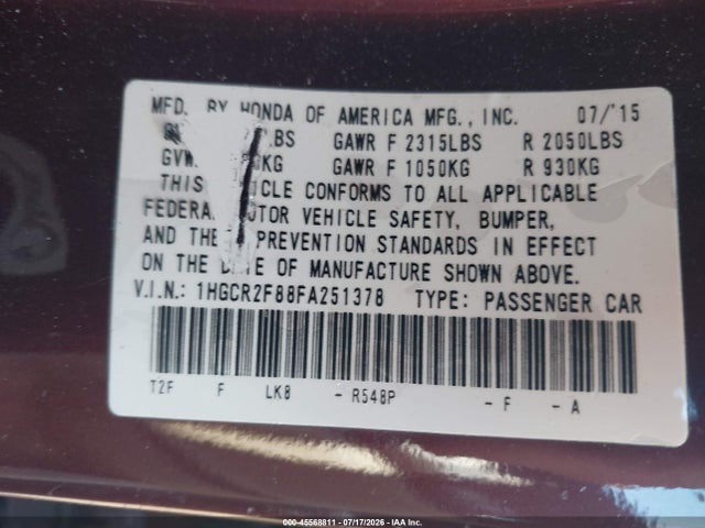 Honda Accord Ex-l 2015 1HGCR2F88FA251378 Image 9