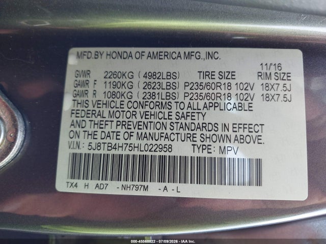 Auction sale of the 2017 Acura Rdx Advance Package, vin: 5J8TB4H75HL022958, lot number: 45568822