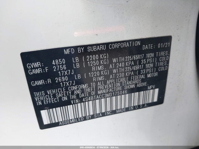 Продажа на аукционе авто 2021 Subaru Outback Premium, vin: 4S4BTACC3M3175046, номер лота: 45568834