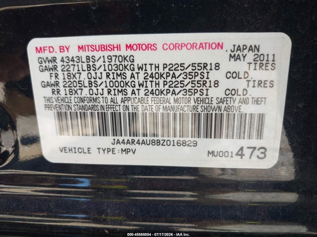 2011 Mitsubishi Outlander Sport Se მანქანა იყიდება აუქციონზე, vin: JA4AR4AU8BZ016829, აუქციონის ნომერი: 45568854