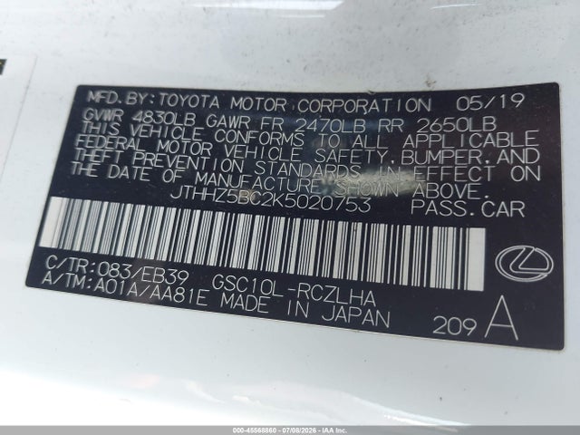 Aukcja sprzedaży 2019 Lexus Rc 350 F Sport, vin: JTHHZ5BC2K5020753, numer aukcji: 45568860