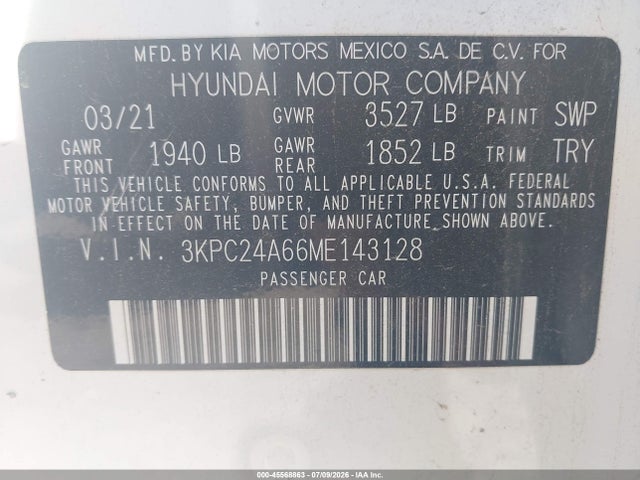 2021 Hyundai Accent Se მანქანა იყიდება აუქციონზე, vin: 3KPC24A66ME143128, აუქციონის ნომერი: 45568863