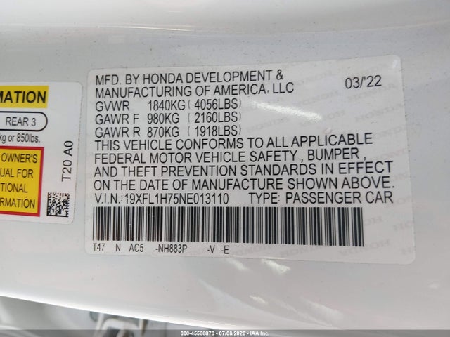 Продажа на аукционе авто 2022 Honda Civic Ex-l, vin: 19XFL1H75NE013110, номер лота: 45568870